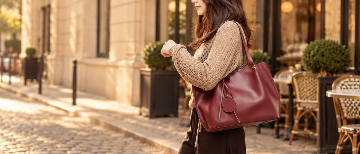 Femme portant un sac cabas en cuir bordeaux dans une rue pavée