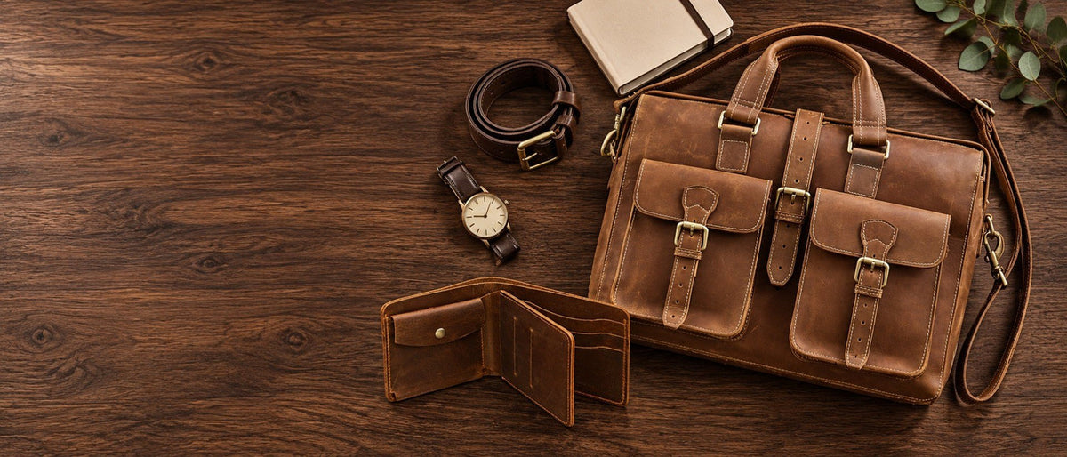 Porte-documents, ceinture et portefeuille en cuir véritable Crazy Horse