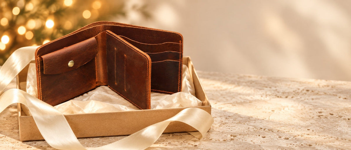 Portefeuille homme en cuir Crazy Horse présenté dans un coffret cadeau